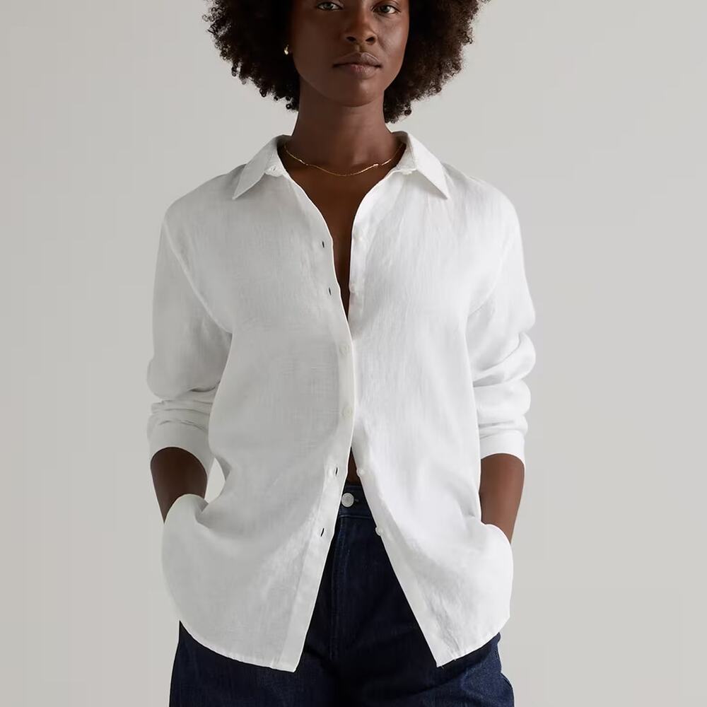 Quince (S) 100% European Linen Button Down Shirt White Relaxed Fit Quiet Luxury